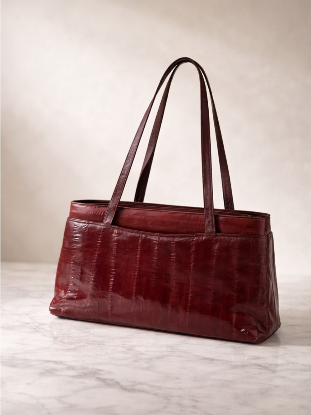 Vintage 90s Burgundy Sunco Korea Eel Skin Bag | Slim Minimalist Quiet Luxury - Picture 3 of 16